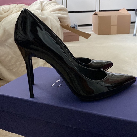 NEW Stuart Weitzman Black Patent Leather Stiletto Pointed Toe Vamp Pumps Heels - Picture 3 of 6